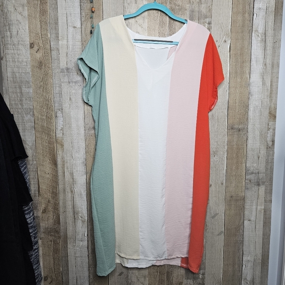 Reb In J Colorblock Pullover Shift Midi Dress Short Sleeve V-Neck Size Large - Picture 1 of 8